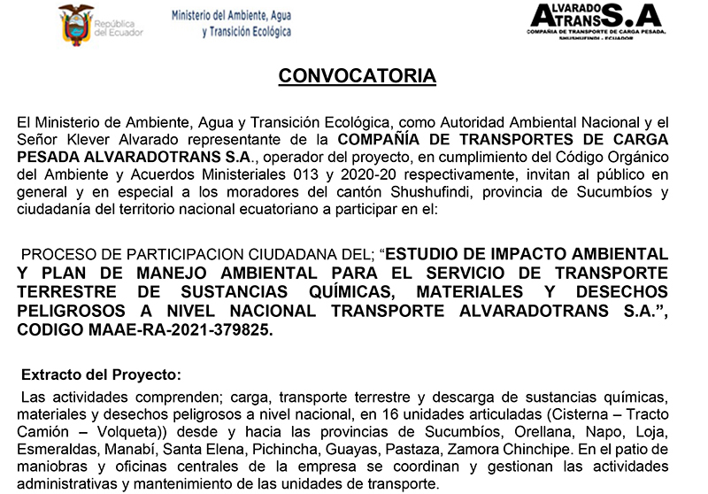 CONVOCATORIA PROYECTO MAAE-RA-2021-379825 - ALVARADOTRANS S.A